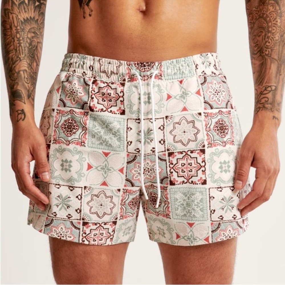Abercrombie & Fitch Tile-Print Swim Trunks